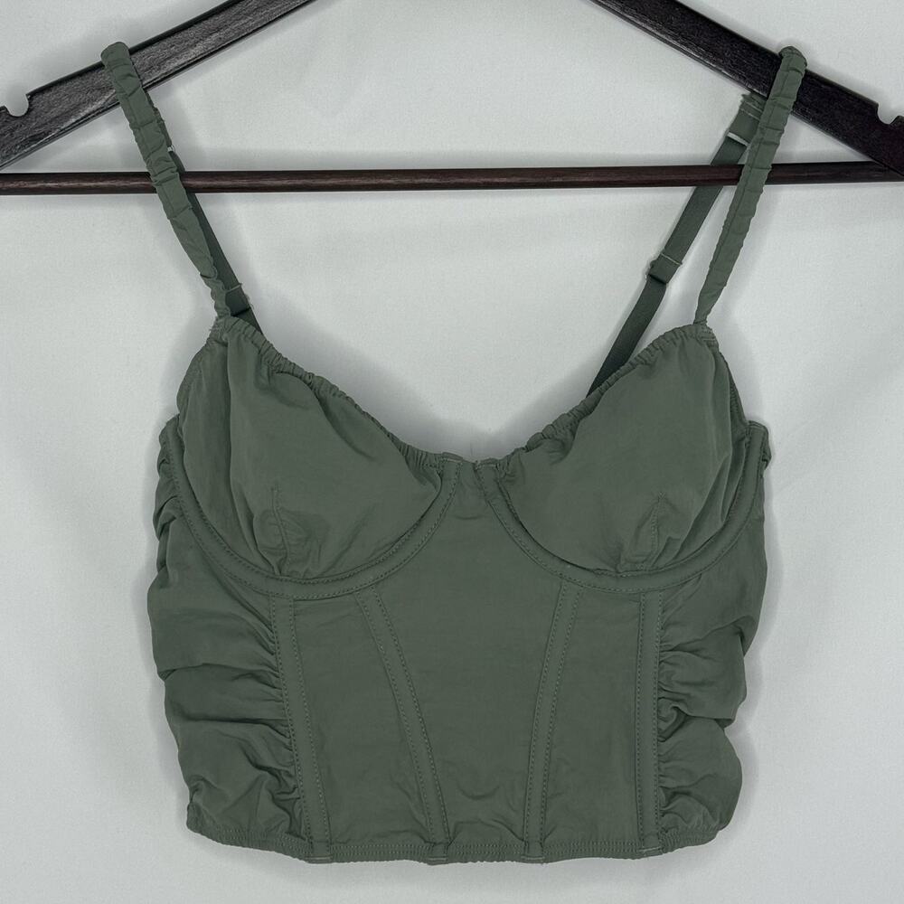 Gilly Hicks Corset Crop Top Womens XS Olive Green Boned Smocked Zip Y2K